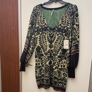 Free People Black and Green Long Sleeve Dress